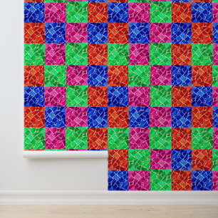 Pink Blue Green Orange Check Glass Mosaic Tiles Wallpaper