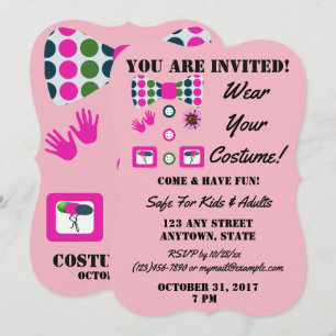 Pink Blue Green Polka Dots Clown Halloween Costume Invitation