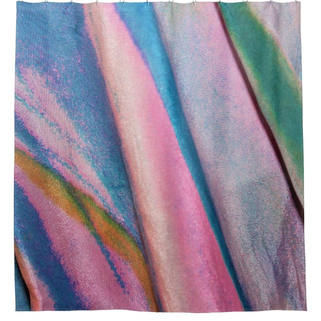 Pink blue green textile shower curtain (Front)
