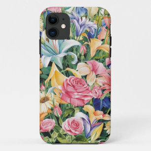 Pink Blue Green Yellow Orange Flower Art Pattern iPhone 11 Case