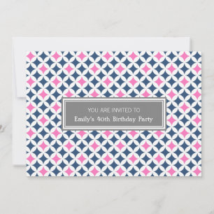 Pink Blue Grey 40th Birthday Party Invitation