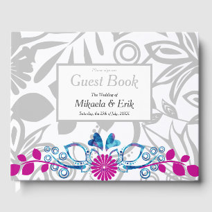 Pink Blue Grey Floral Pattern Guest Book