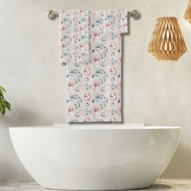 Pink Blue Grey Muted Pastel Florals Shabby Chic Bath Towel Set (Shabby Chic Pink Blue Gray floral bath towel set. Bath towel, hand towel, wash cloth)