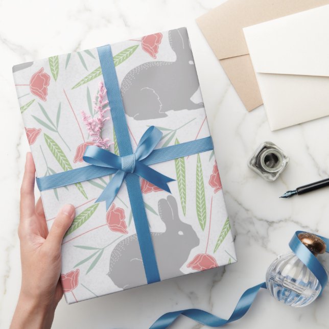 Pink Blue Grey Spring Floral Easter Bunny Pattern Wrapping Paper (Gifting)