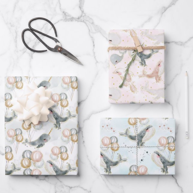 Pink Blue Grey Whale Balloon Birthday Baby Shower Wrapping Paper Sheet (Front)