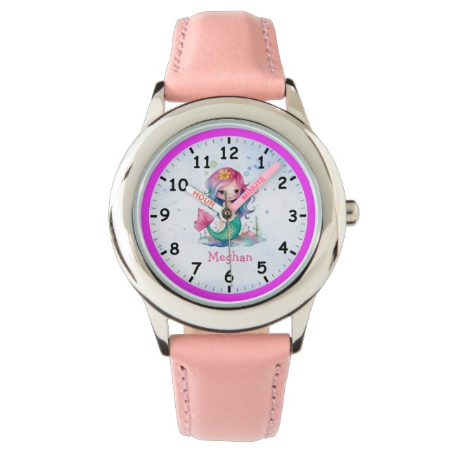 Pink Blue-Haired Mermaid Children's Watch (Front)