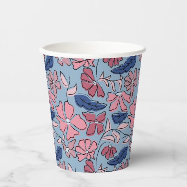 Pink Blue Hand Drawn Floral Block Print Paper Cups (Front)