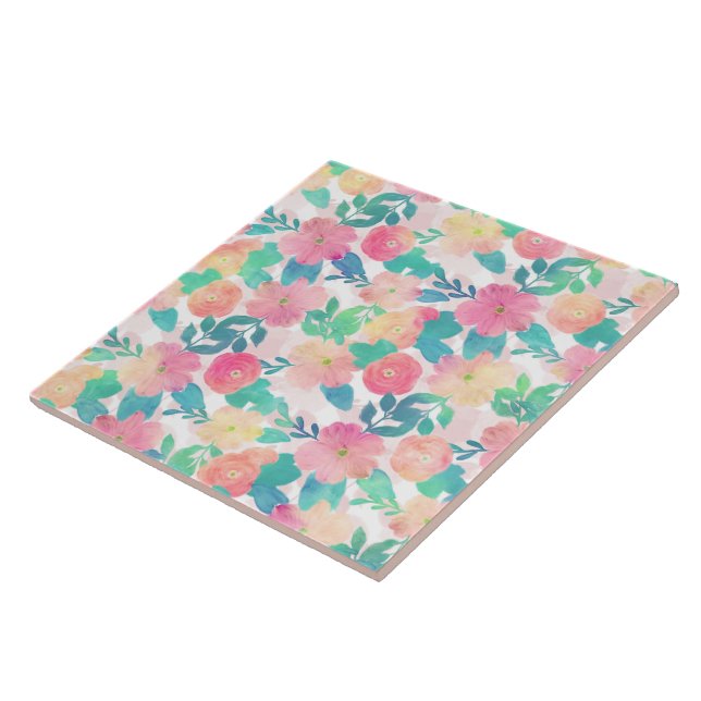 Pink Blue Hand Paint Floral Girly Design Ceramic Tile (Side)