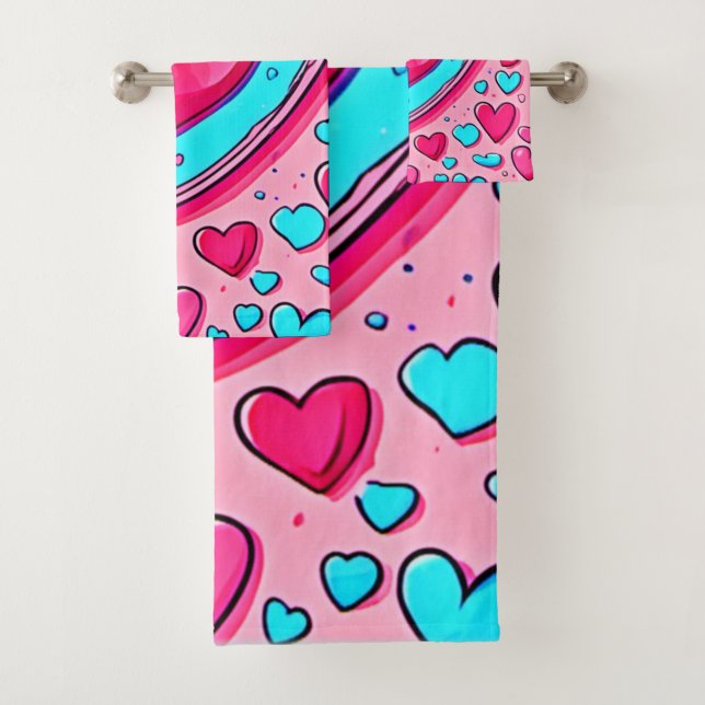 Pink Blue Heart Pattern Bath Towel Set (Insitu)