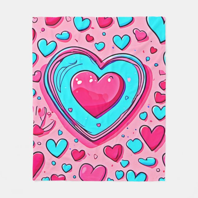 Pink Blue Heart Pattern Fleece Blanket (Front)