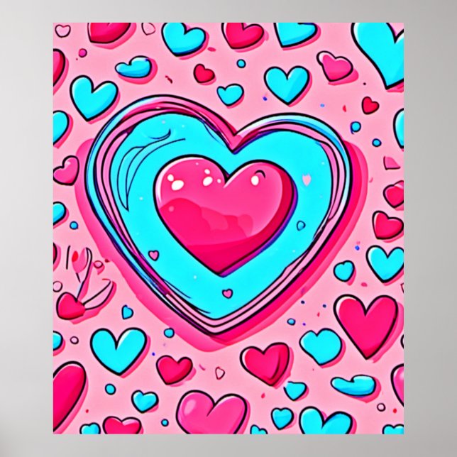 Pink Blue Heart Pattern Poster (Front)