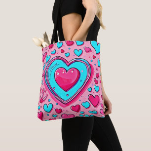 Pink Blue Heart Pattern Tote Bag