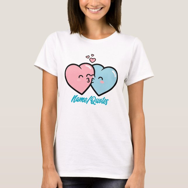 Pink & Blue Hearts Kiss T-Shirt (Front)