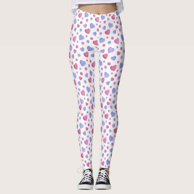 Pink, blue hearts on a white background. leggings (Front)