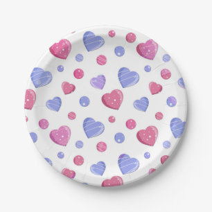 Pink, blue hearts on a white background. paper plate