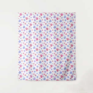 Pink, blue hearts on a white background. tapestry
