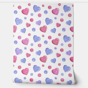 Pink, blue hearts on a white background. wallpaper