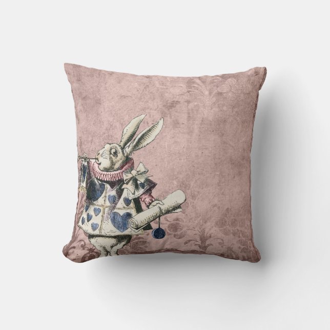 Pink Blue Herald White Rabbit Alice in Wonderland Cushion (Front)