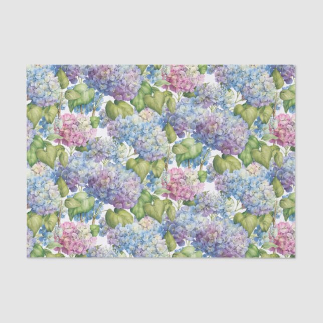 Pink Blue Hydrangea in Bloom Floral Pattern Tissue Paper (Front)