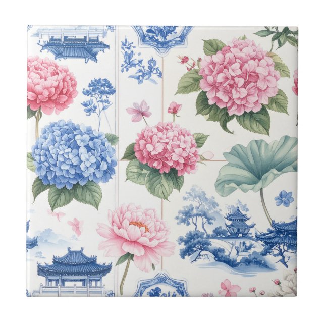 Pink Blue Hydrangea Peony Garden Ceramic Tile (Front)