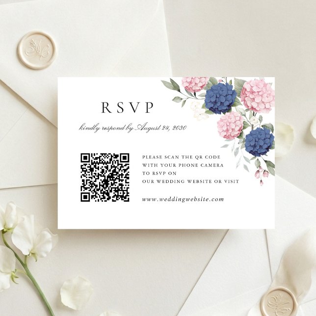 Pink & Blue Hydrangea Wedding QR Code RSVP Card (Creator Uploaded)