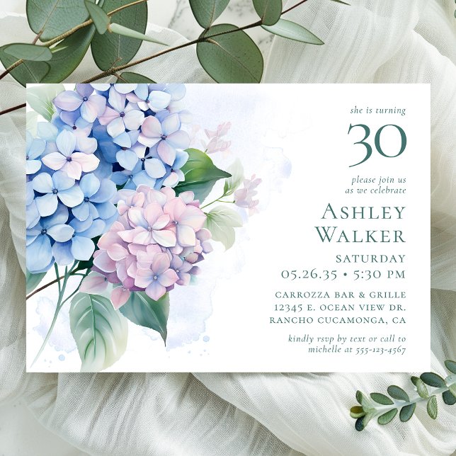 Pink Blue Hydrangeas 30th Birthday Party Invitation (Creator Uploaded)