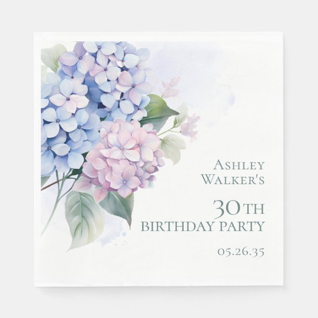 Pink Blue Hydrangeas 30th Birthday Party Napkin (Front)