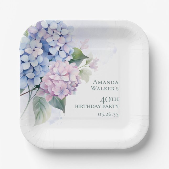 Pink Blue Hydrangeas 40th Birthday Paper Plate (Front)