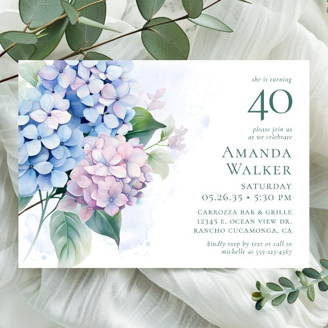 Pink Blue Hydrangeas 40th Birthday Party Invitation (Creator Uploaded)
