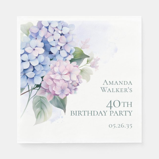 Pink Blue Hydrangeas 40th Birthday Party Napkin (Front)