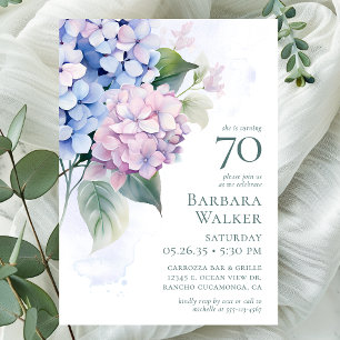 Pink Blue Hydrangeas 70th Birthday Party Invitation