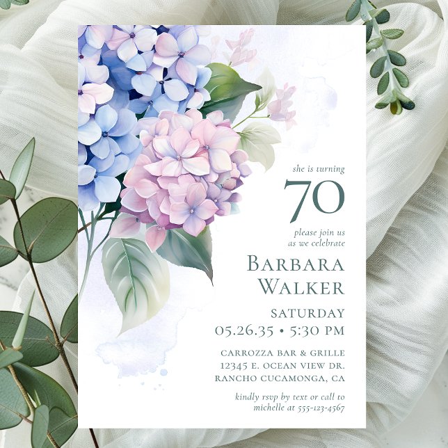 Pink Blue Hydrangeas 70th Birthday Party Invitation (Creator Uploaded)