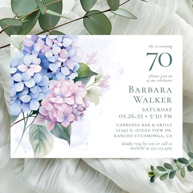 Pink Blue Hydrangeas 70th Birthday Party Invitation (Creator Uploaded)