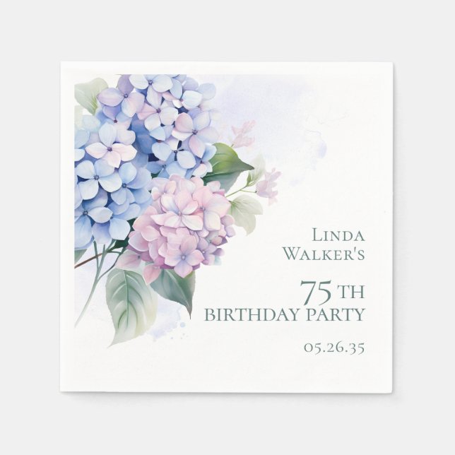 Pink Blue Hydrangeas 75th Birthday Party Napkin (Front)