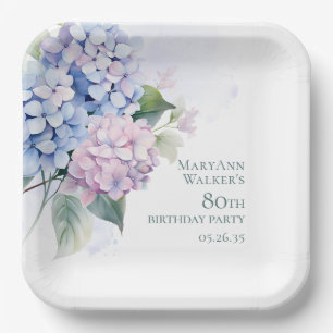 Pink Blue Hydrangeas 80th Birthday Paper Plate