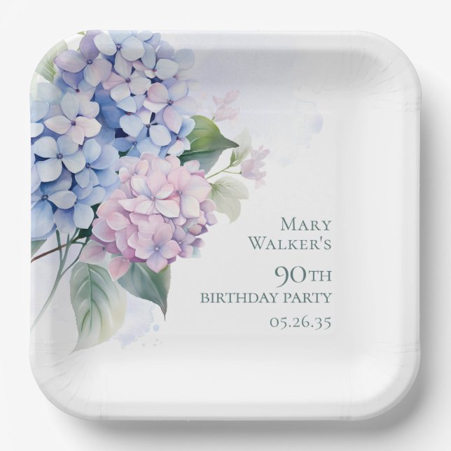 Pink Blue Hydrangeas 90th Birthday Paper Plate (Front)