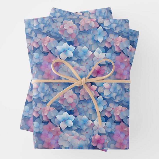 Pink Blue Hydrangeas Floral in Bloom  Wrapping Paper Sheet (In situ)