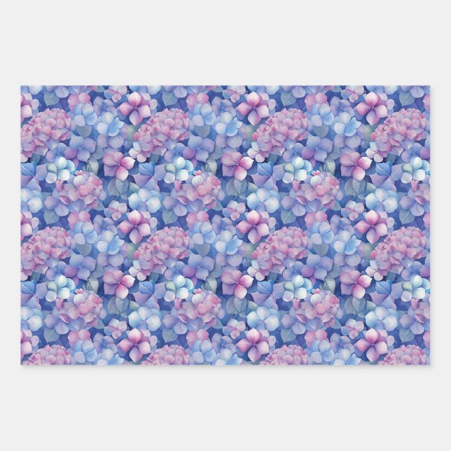 Pink Blue Hydrangeas Floral in Bloom  Wrapping Paper Sheet (Front)
