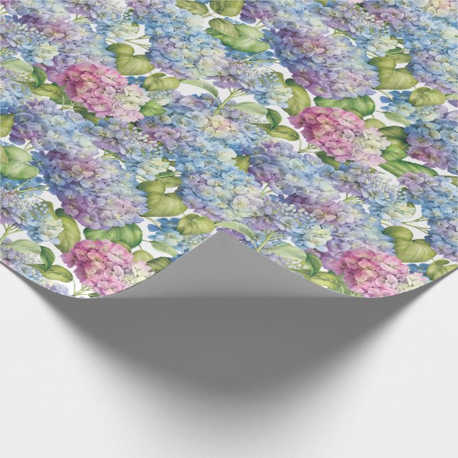 Pink Blue Hydrangeas in Bloom Floral Wrapping Paper (Corner)