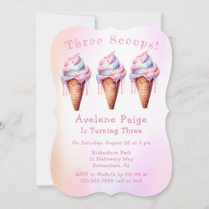 Pink Blue Ice Cream Three Scoops Birthday Party  Invitation