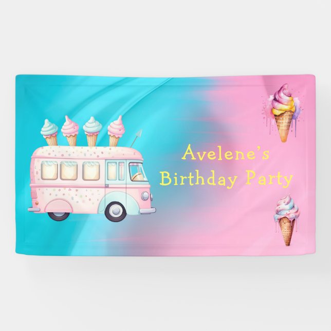 Pink Blue Ice Cream Truck Birthday Party Banner (Horizontal)