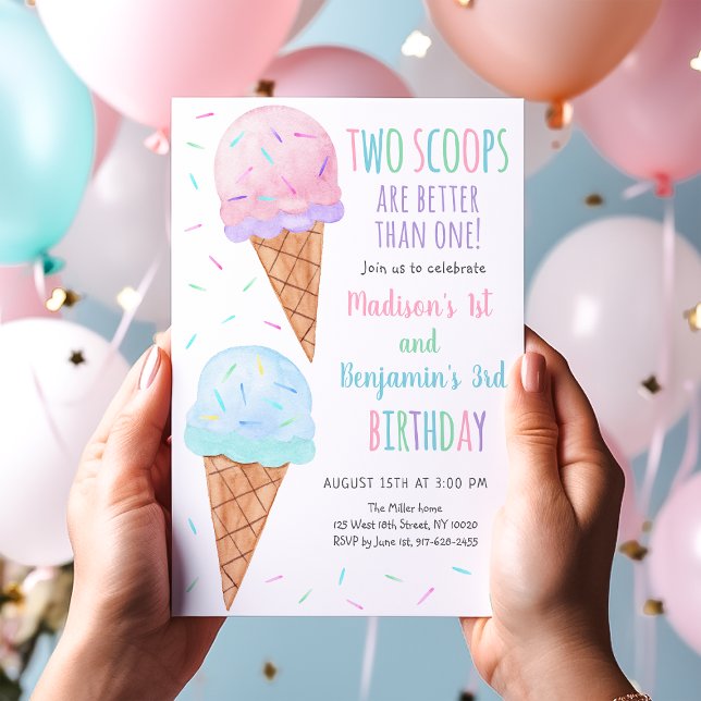 Pink Blue Ice Cream Two Scoops Joint Birthday Invitation (Creator Uploaded)