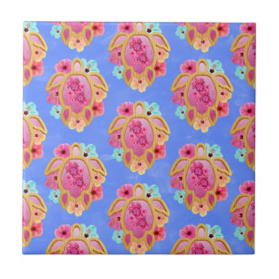 Pink Blue Island Tropical Sea Turtles Floral Ceramic Tile