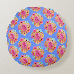Pink Blue Island Tropical Sea Turtles Floral Round Cushion