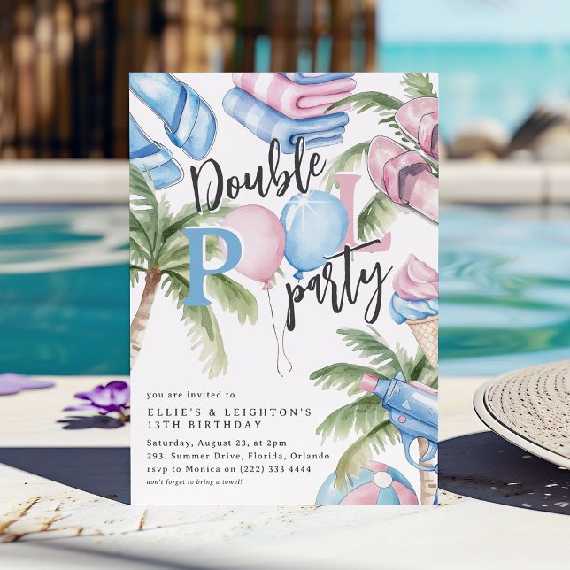 Pink & Blue Kids Birthday Double Pool Party  Invitation (Creator Uploaded)