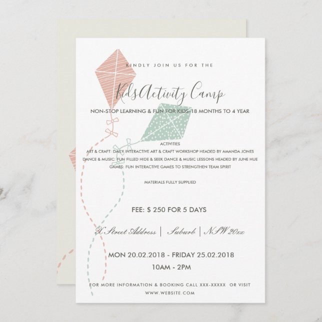 PINK BLUE KITE KIDS ACTIVITY CLASS INVITE TEMPLATE (Front/Back)