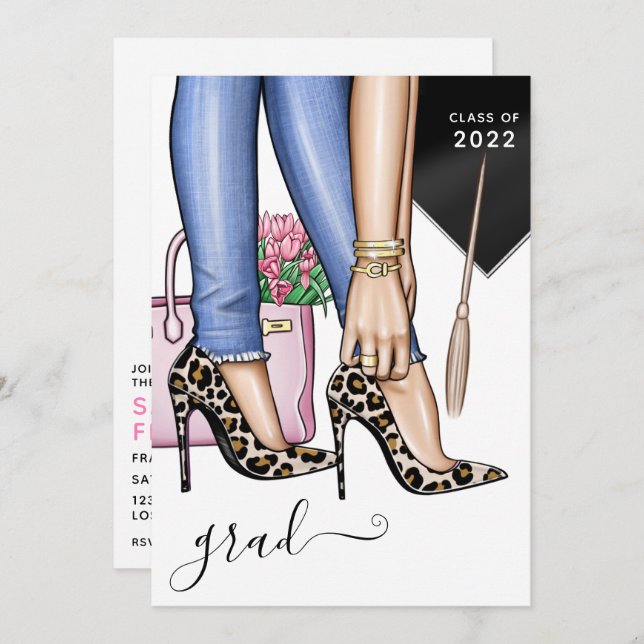 Pink & Blue Leopard Fashion Girl Graduation Party  Invitation (Front/Back)