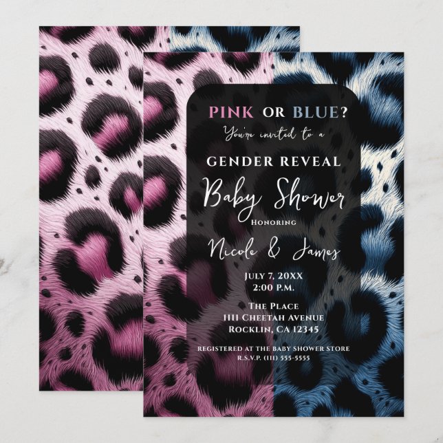 Pink Blue Leopard Print Gender Reveal Baby Shower Invitation (Front/Back)