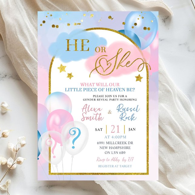 Pink Blue Little Piece of Heaven Gender Reveal Invitation (Creator Uploaded)