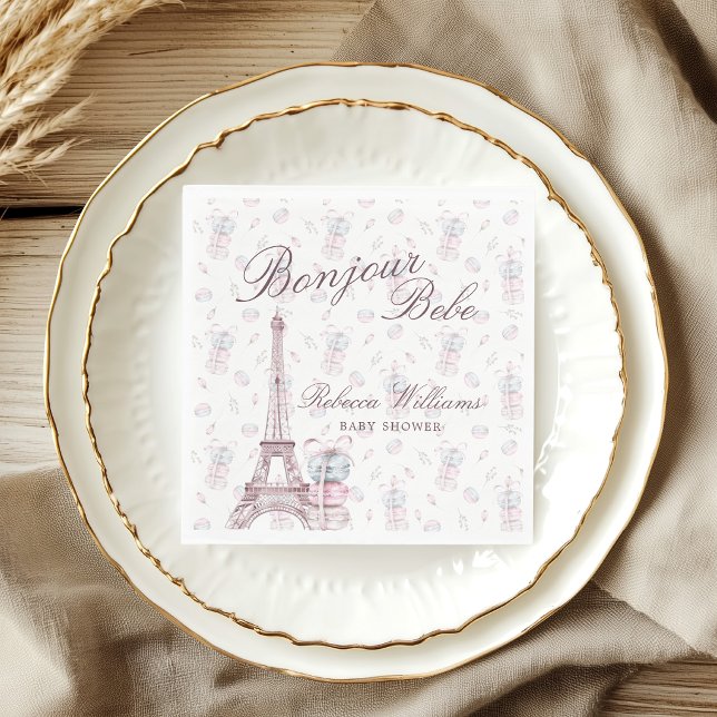 Pink Blue Macaron Bonjour Bebe Paris Baby shower Napkin (Creator Uploaded)